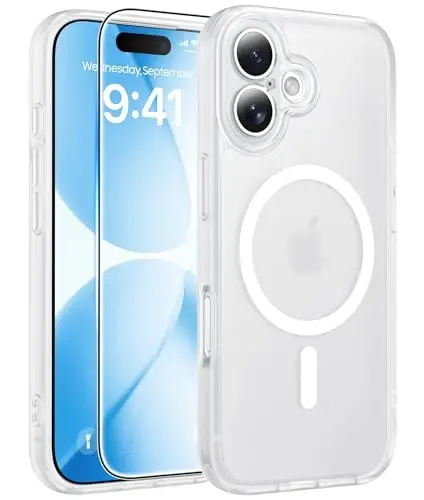 FNTCASE for iPhone 17 Case, Compatible with Magsafe, Glass Screen Protector | Full Camera Protection, Translucent Matte, 14FT Military Grade Drop Proof, Shockproof Protective Phone Cover, White 