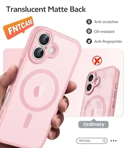 FNTCASE for iPhone 17 Phone Case: Magnetic Translucent Matte [Full Covered Camera Protection] [Screen Protector] Military Grade Shockproof Slim Cover Drop Proof Protective Cases - Light Pink - 6