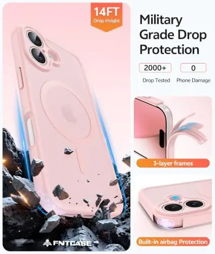 FNTCASE for iPhone 17 Phone Case: Magnetic Translucent Matte [Full Covered Camera Protection] [Screen Protector] Military Grade Shockproof Slim Cover Drop Proof Protective Cases - Light Pink - 6