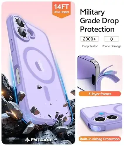 FNTCASE for iPhone 17 Phone Case: Magnetic Translucent Matte [Full Covered Camera Protection] [Screen Protector] Military Grade Shockproof Slim Cover Drop Proof Protective Cases - Light Purple - 5