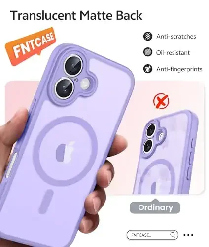 FNTCASE for iPhone 17 Phone Case: Magnetic Translucent Matte [Full Covered Camera Protection] [Screen Protector] Military Grade Shockproof Slim Cover Drop Proof Protective Cases - Light Purple - 6