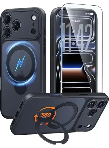 FNTCASE for iPhone 17 Pro Case: [360 Spin Magnetic Stand] [Compatible with Magsafe] [Screen Protector] Translucent Matte Military Grade Shockproof Full Camera Protective Phone Cover - Black - 1