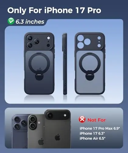 FNTCASE for iPhone 17 Pro Case: [360 Spin Magnetic Stand] [Compatible with Magsafe] [Screen Protector] Translucent Matte Military Grade Shockproof Full Camera Protective Phone Cover - Black - 2