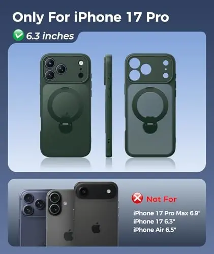 FNTCASE for iPhone 17 Pro Case: [360 Spin Magnetic Stand] [Compatible with Magsafe] [Screen Protector] Translucent Matte Military Grade Shockproof Full Camera Protective Phone Cover - Green - 2