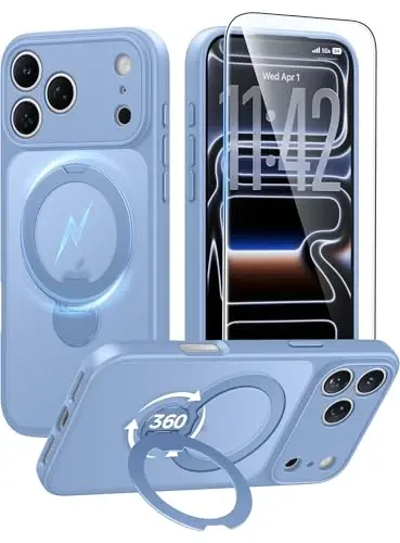 FNTCASE for iPhone 17 Pro Case: [360 Spin Magnetic Stand] [Compatible with Magsafe] [Screen Protector] Translucent Matte Military Grade Shockproof Full Camera Protective Phone Cover - Light Blue - 1