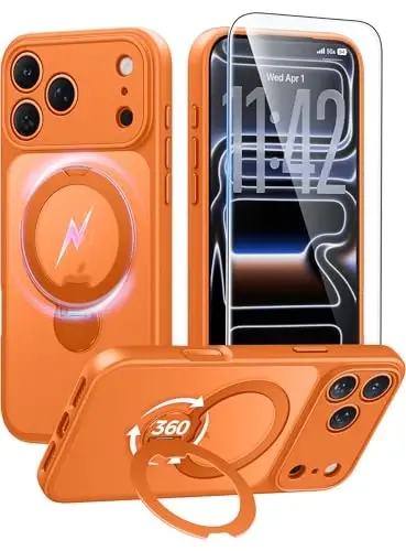 FNTCASE for iPhone 17 Pro Case: [360 Spin Magnetic Stand] [Compatible with Magsafe] [Screen Protector] Translucent Matte Military Grade Shockproof Full Camera Protective Phone Cover - Orange - FNTCASE