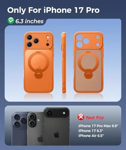 FNTCASE for iPhone 17 Pro Case: [360 Spin Magnetic Stand] [Compatible with Magsafe] [Screen Protector] Translucent Matte Military Grade Shockproof Full Camera Protective Phone Cover - Orange - 2