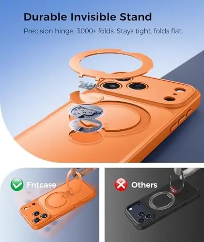 FNTCASE for iPhone 17 Pro Case: [360 Spin Magnetic Stand] [Compatible with Magsafe] [Screen Protector] Translucent Matte Military Grade Shockproof Full Camera Protective Phone Cover - Orange - 3