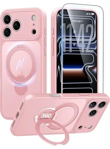 FNTCASE for iPhone 17 Pro Case: [360 Spin Magnetic Stand] [Compatible with Magsafe] [Screen Protector] Translucent Matte Military Grade Shockproof Full Camera Protective Phone Cover - Pink - 1
