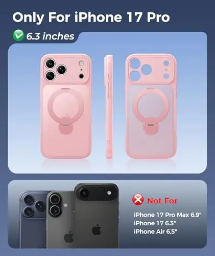 FNTCASE for iPhone 17 Pro Case: [360 Spin Magnetic Stand] [Compatible with Magsafe] [Screen Protector] Translucent Matte Military Grade Shockproof Full Camera Protective Phone Cover - Pink - 2