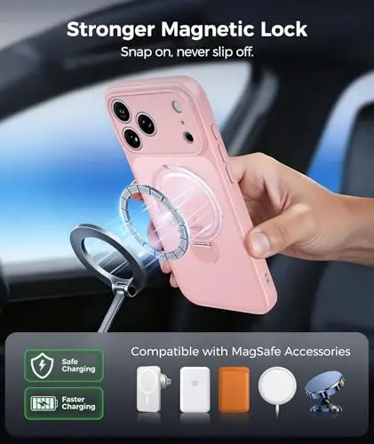 FNTCASE for iPhone 17 Pro Case: [360 Spin Magnetic Stand] [Compatible with Magsafe] [Screen Protector] Translucent Matte Military Grade Shockproof Full Camera Protective Phone Cover - Pink - 5