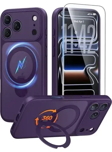 FNTCASE for iPhone 17 Pro Case: [360 Spin Magnetic Stand] [Compatible with Magsafe] [Screen Protector] Translucent Matte Military Grade Shockproof Full Camera Protective Phone Cover - Purple - 1