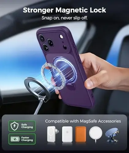 FNTCASE for iPhone 17 Pro Case: [360 Spin Magnetic Stand] [Compatible with Magsafe] [Screen Protector] Translucent Matte Military Grade Shockproof Full Camera Protective Phone Cover - Purple - 5