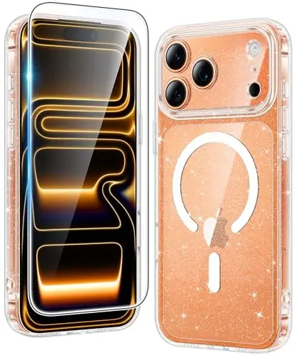 FNTCASE for iPhone 17 Pro Case: Clear Magnetic Phone Cases Compatible with Magsafe Slim Anti Yellowing Military Grade Drop Protection Rugged Protective Transparent Cell Cover (B-Glitter Magnetic) - 1