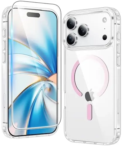 FNTCASE for iPhone 17 Pro Case: Clear Magnetic Phone Cases Compatible with Magsafe Slim Anti Yellowing Military Grade Drop Protection Rugged Protective Transparent Cell Phone Cover (C-A Pink) - 1