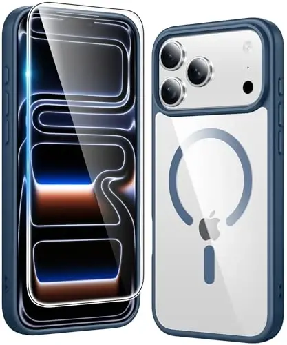 FNTCASE for iPhone 17 Pro Case: Clear Magnetic Phone Cases with Screen Protector Compatible with Magsafe Slim Anti Yellowing Rugged Shockproof Protective Transparent Cell Phone Cover (B-Blue) - FNTCASE