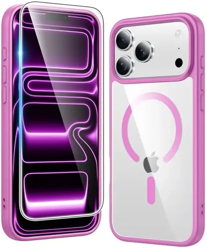 FNTCASE for iPhone 17 Pro Case: Clear Magnetic Phone Cases with Screen Protector Compatible with Magsafe Slim Anti Yellowing Rugged Shockproof Protective Transparent Cell Phone Cover (B-Pink) - FNTCASE
