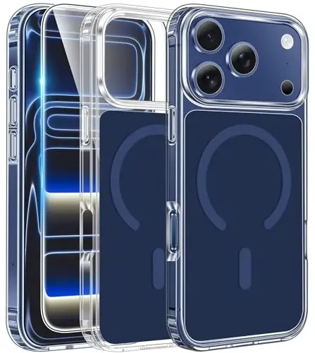 FNTCASE for iPhone 17 Pro Case: Clear Magnetic Phone Cases with Screen Protector Compatible with Magsafe Slim Anti Yellowing Rugged Shockproof Protective Transparent Cell Phone Cover (Blue) 