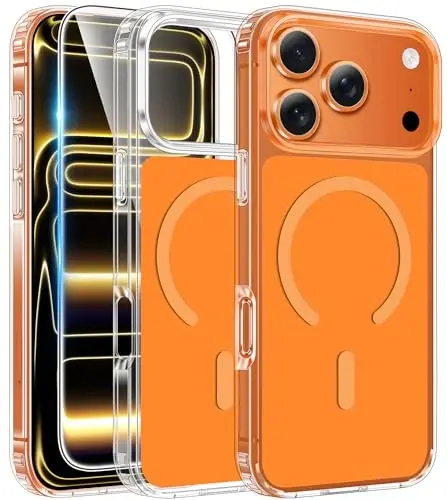 FNTCASE for iPhone 17 Pro Case: Clear Magnetic Phone Cases with Screen Protector Compatible with Magsafe Slim Anti Yellowing Rugged Shockproof Protective Transparent Cell Phone Cover (Orange) - FNTCASE