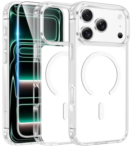FNTCASE for iPhone 17 Pro Case: Clear Magnetic Phone Cases with Screen Protector Compatible with Magsafe Slim Anti Yellowing Rugged Shockproof Protective Transparent Cell Phone Cover (White) 