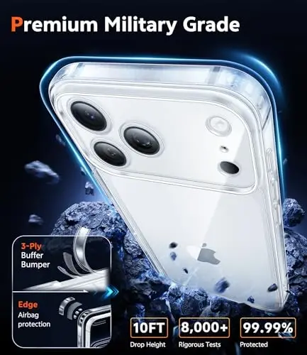 FNTCASE for iPhone 17 Pro Case: Clear Military Grade Drop Protection Anti Yellowing Cell Phone Cover - Rugged Shockproof Protective Bumper Transparent Phonecase - 5