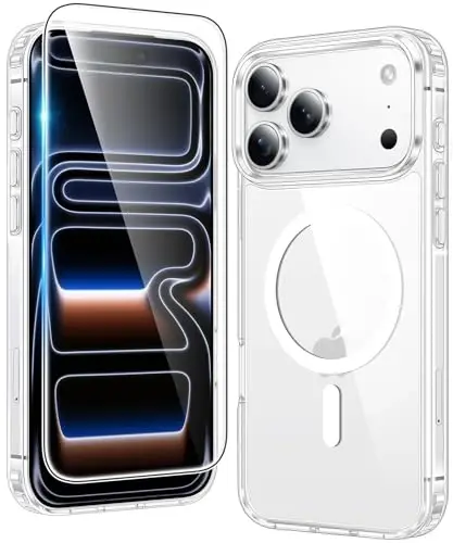 FNTCASE for iPhone 17 Pro Case: Compatible with Magsafe Clear Magnetic Phone Cases Drop Proof Anti Yellowing Slim Shockproof Rugged Protective Transparent Cell Cover with Screen Protector(Clear) 