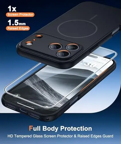 FNTCASE for iPhone 17-Pro Case Black: Matte Compatible with MagSafe | With Screen Protector, Magnetic Full Camera Protection Slim Cases, 14FT Military Grade Drop Tested, Shockproof Phone Cover 