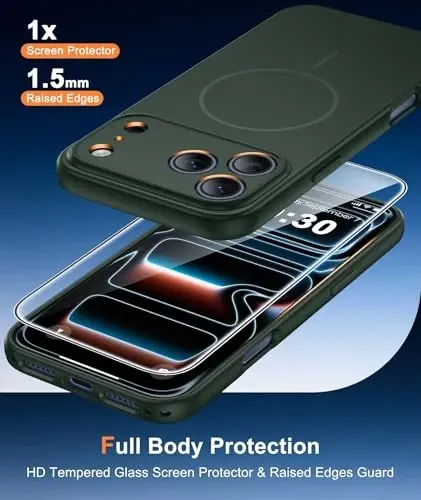 FNTCASE for iPhone 17 Pro Case: Matte Compatible with MagSafe | Full Camera Protection Magnetic Cases With Screen Protector, Military Grade Drop Tested, Shockproof Slim Phone Cover, Green 