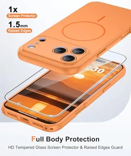 FNTCASE for iPhone 17-Pro Case Orange: Matte Compatible with MagSafe | With Screen Protector, Magnetic Full Camera Protection Slim Cases, 14FT Military Grade Drop Tested, Shockproof Phone Cover 