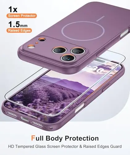 FNTCASE for iPhone 17-Pro Case Purple: Matte Compatible with MagSafe | With Screen Protector, Magnetic Full Camera Protection Slim Cases, 14FT Military Grade Drop Tested, Shockproof Phone Cover 