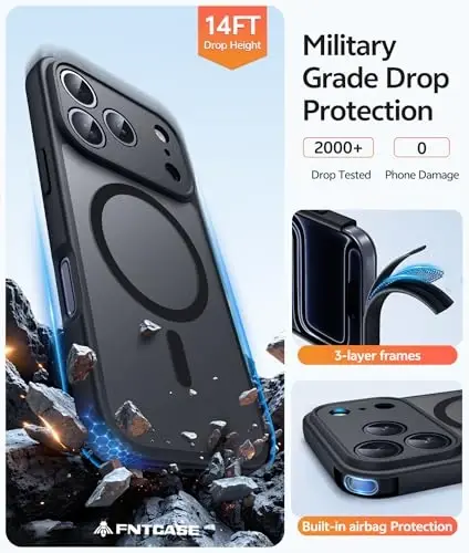 FNTCASE for iPhone 17 Pro Case: [Compatible with Magsafe] Translucent Matte Cases with [Full Camera Protection] [Screen Protector] Military Grade Shockproof Protective Phone Cover - Black Circle - 5