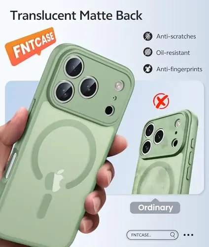 FNTCASE for iPhone 17 Pro Case: [Compatible with Magsafe] Translucent Matte Cases with [Full Camera Protection] [Screen Protector] Military Grade Shockproof Protective Phone Cover - Light Moss 