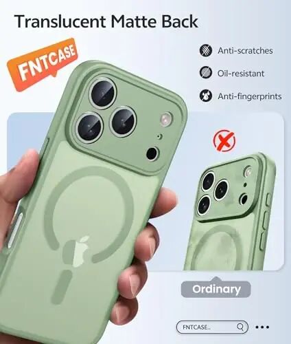 FNTCASE for iPhone 17 Pro Case: [Compatible with Magsafe] Translucent Matte Cases with [Full Camera Protection] [Screen Protector] Military Grade Shockproof Protective Phone Cover - Light Moss - FNTCASE