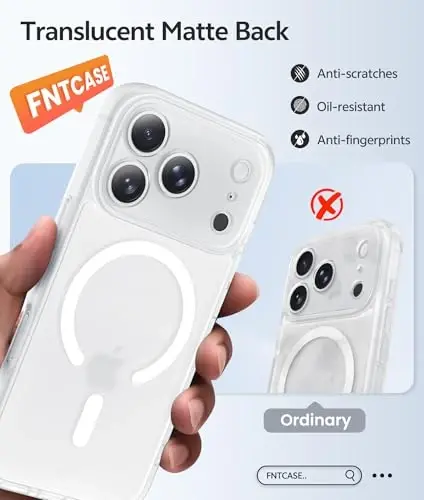 FNTCASE for iPhone 17 Pro Case: [Compatible with Magsafe] Translucent Matte Cases with [Full Camera Protection] [Screen Protector] Military Grade Shockproof Protective Phone Cover - White - 1