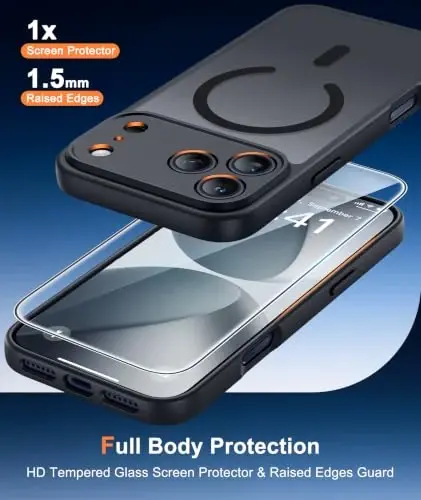 FNTCASE for iPhone 17 Pro Case: MagSafe bilan mos keluvchi shaffof qora yupqa g‘iloflar, To‘liq kamera muhofazasi va temperlangan shisha himoya oynasi, 14FT Harbiy darajadagi tushish sinovidan o‘tgan, Mat teriga qulay qopqoq 