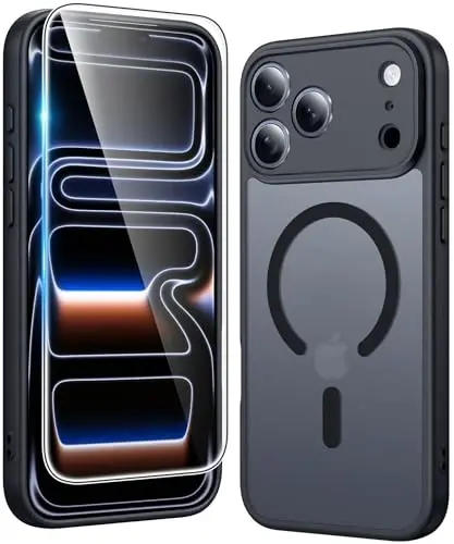 FNTCASE for iPhone 17 Pro Case: Matte Magnetic Phone Cases with Screen Protector Compatible with Magsafe Slim Anti Yellowing Rugged Shockproof Protective Translucent Cell Phone Cover (C-Black) - FNTCASE