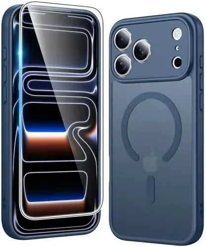 FNTCASE for iPhone 17 Pro Case: Matte Magnetic Phone Cases with Screen Protector Compatible with Magsafe Slim Anti Yellowing Rugged Shockproof Protective Translucent Cell Phone Cover (C-Blue) 