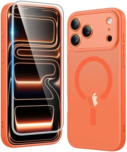 FNTCASE for iPhone 17 Pro Case: Matte Magnetic Phone Cases with Screen Protector Compatible with Magsafe Slim Anti Yellowing Rugged Shockproof Protective Translucent Cell Phone Cover (C-Orange) 