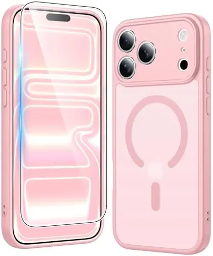 FNTCASE for iPhone 17 Pro Case: Matte Magnetic Phone Cases with Screen Protector Compatible with Magsafe Slim Anti Yellowing Rugged Shockproof Protective Translucent Cell Phone Cover (C-Pink) - FNTCASE