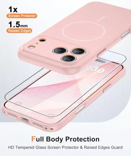 FNTCASE for iPhone 17-Pro Case Pink: Matte Compatible with MagSafe | Full Camera Protection Magnetic Cases With Screen Protector, 14FT Military Grade Drop Tested, Shockproof Slim Phone Cover - 6
