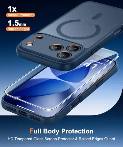FNTCASE for iPhone 17 Pro Case: Translucent Blue Slim Cases Compatible with MagSafe, Full Camera Protection & Tempered Glass Protector, 14FT Military Grade Drop Tested, Matte Skin-Friendly Cover 