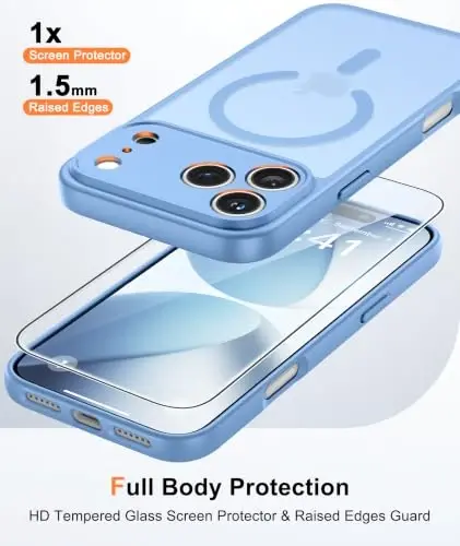 FNTCASE for iPhone 17 Pro Case: Translucent Light Blue Slim Cases Compatible with MagSafe, Full Camera Protection & Tempered Glass Protector, 14FT Military Grade Drop Tested, Matte Skin-Friendly Cover - 1