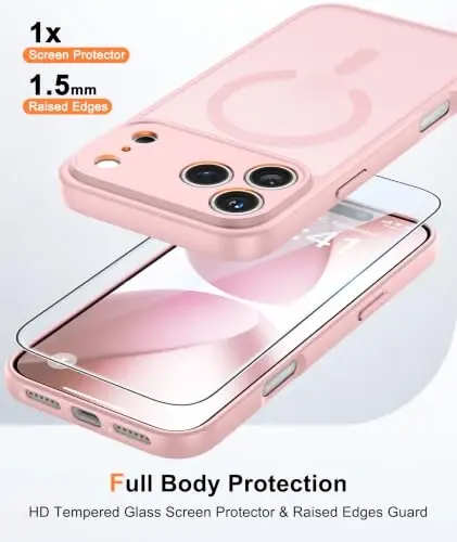 FNTCASE for iPhone 17 Pro Case: Translucent Pink Slim Cases Compatible with MagSafe, Full Camera Protection & Tempered Glass Protector, 14FT Military Grade Drop Tested, Matte Skin-Friendly Cover - 1
