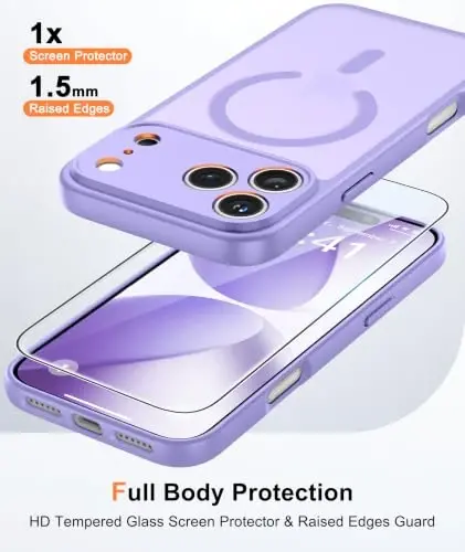 FNTCASE for iPhone 17 Pro Case: Translucent Purple Slim Cases Compatible with MagSafe, Full Camera Protection & Tempered Glass Protector, 14FT Military Grade Drop Tested, Matte Skin-Friendly Cover 