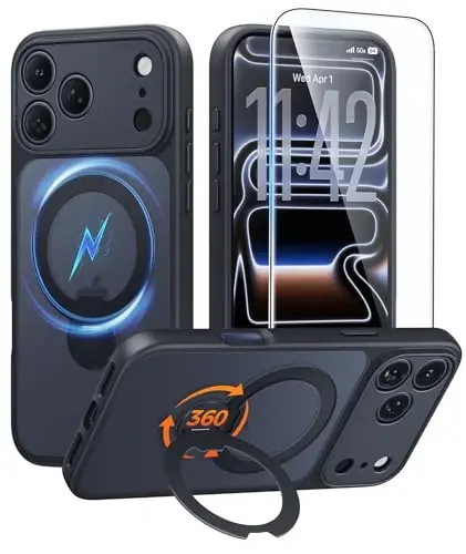 FNTCASE for iPhone 17 Pro-Max Case: [360 Spin Magnetic Stand] [Compatible with Magsafe] [Screen Protector] Translucent Matte Military Grade Shockproof Full Camera Protective Phone Cover - Black - 1