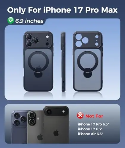 FNTCASE for iPhone 17 Pro-Max Case: [360 Spin Magnetic Stand] [Compatible with Magsafe] [Screen Protector] Translucent Matte Military Grade Shockproof Full Camera Protective Phone Cover - Black - FNTCASE (1)