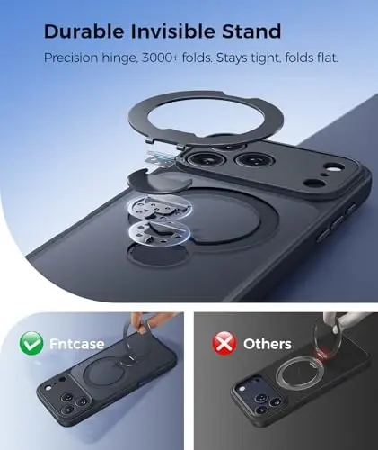 FNTCASE for iPhone 17 Pro-Max Case: [360 Spin Magnetic Stand] [Compatible with Magsafe] [Screen Protector] Translucent Matte Military Grade Shockproof Full Camera Protective Phone Cover - Black - 3