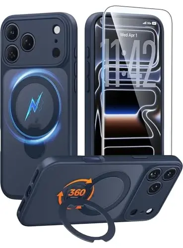FNTCASE for iPhone 17 Pro-Max Case: [360 Spin Magnetic Stand] [Compatible with Magsafe] [Screen Protector] Translucent Matte Military Grade Shockproof Full Camera Protective Phone Cover - Deep Blue - FNTCASE