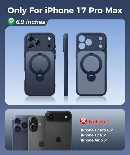FNTCASE for iPhone 17 Pro-Max Case: [360 Spin Magnetic Stand] [Compatible with Magsafe] [Screen Protector] Translucent Matte Military Grade Shockproof Full Camera Protective Phone Cover - Deep Blue - 2