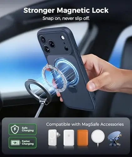 FNTCASE for iPhone 17 Pro-Max Case: [360 Spin Magnetic Stand] [Compatible with Magsafe] [Screen Protector] Translucent Matte Military Grade Shockproof Full Camera Protective Phone Cover - Deep Blue - 5